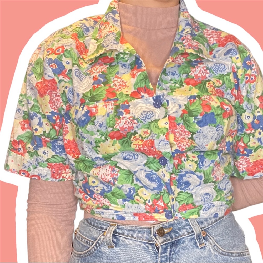 Vintage Blair Floral All Over Print Short Sleeved Button Down Smock Shirt Pocket